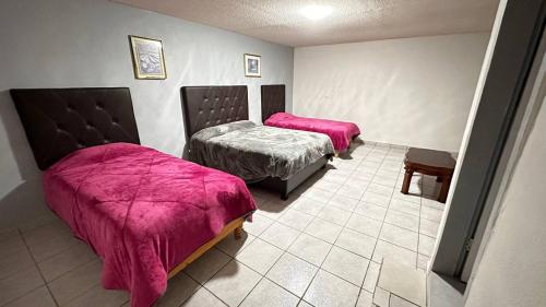 Hotel y Cabañas Cascada de Basaseachi的配有粉红色床罩的客房内的两张床
