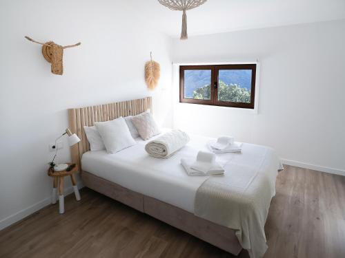 吉尔斯Hostel Retiro do Gerês的白色卧室设有一张大床和窗户