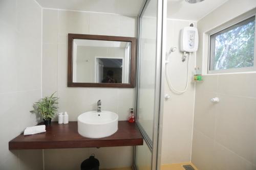 维勒珀图The Backwaters Lodge的一间带水槽、镜子和淋浴的浴室