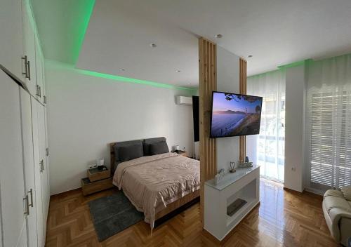 雅典Sea View Studio的一间卧室配有一张床和一台平面电视