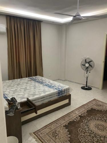 开罗Hotel Appartments的卧室配有床、风扇和地毯。