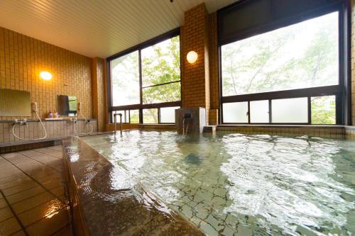 朝仓Ryokan Toyotomi的大型浴室,有一大池水