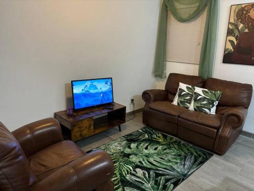 HartswellRae of Sunshine Villas的客厅配有两张真皮沙发和一台平面电视