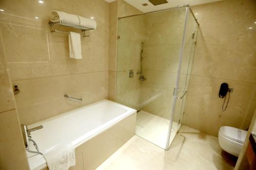 瓦拉纳西马丁酒店的带淋浴、浴缸和卫生间的浴室
