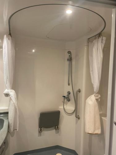 布鲁塞尔Hostel Van Gogh的带淋浴、水槽和卫生间的浴室