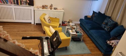 哈特菲尔德Comfortable and Convenient的客厅配有蓝色的沙发和黄色的椅子