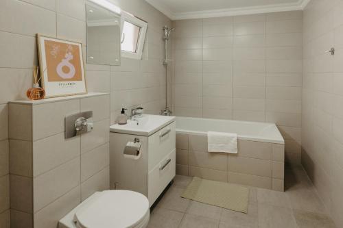 蒂米什瓦拉Holiday Agoston Apartments的浴室配有卫生间、盥洗盆和浴缸。