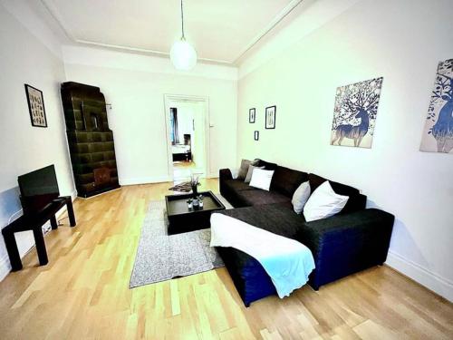 哥德堡Luxury Apartment In City Centre的客厅配有黑色沙发和桌子