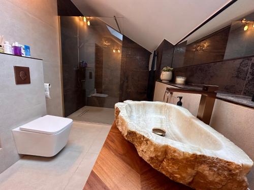迪拉基IDYLLAKI dom z ogrodem的一间带大型石质水槽和卫生间的浴室