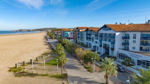 昂代四星塞尔吉布兰科Spa酒店的享有海滩的空中景致,海滩上种植了建筑和棕榈树