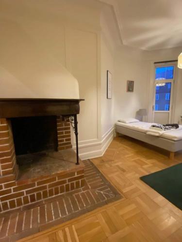 哥德堡Comfortable Home In City Centre的客厅设有壁炉和1张床