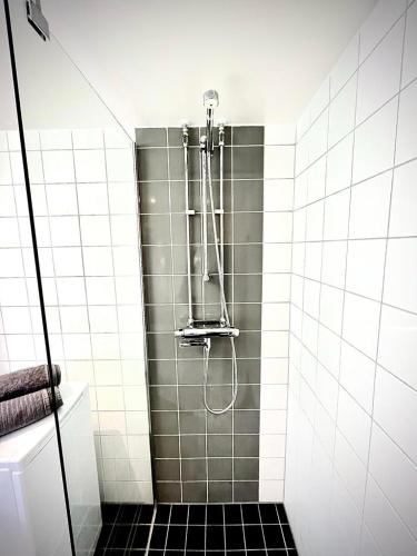 哥德堡Luxurious Apartment With Lovely View的浴室铺有黑色和白色瓷砖,设有淋浴。