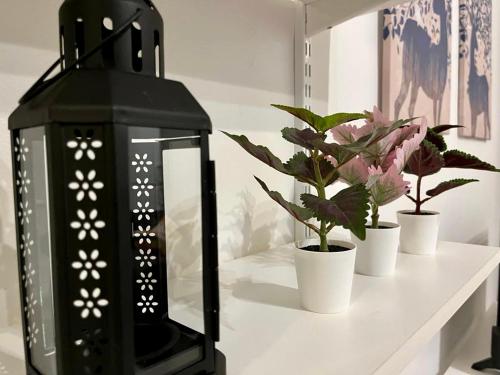 哥德堡Elegant Apartment In Lovely Location的黑灯笼,坐在白色桌子上,栽有盆栽植物