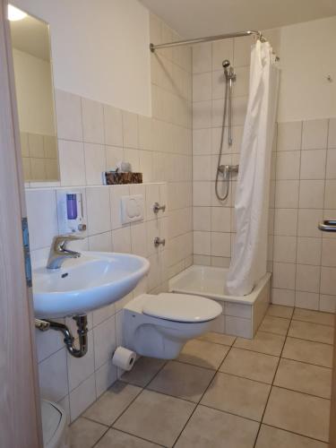 SchönkirchenArp's Gasthof的浴室配有卫生间、盥洗盆和淋浴。
