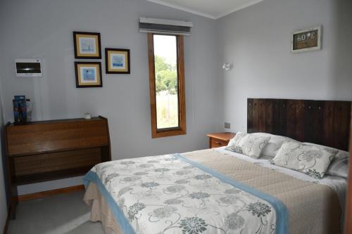 瓦尔迪维亚Cabaña de campo的一间卧室配有一张床、一个梳妆台和一扇窗户。