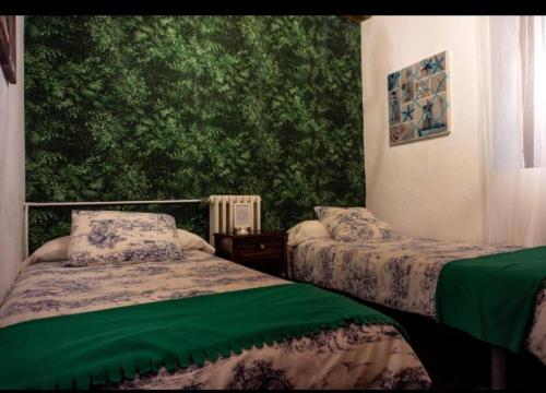 TrabadeloCamino y Leyenda的一间卧室设有两张床和绿色的墙壁