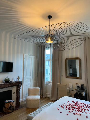 兰斯La Demeure des Sacres - Cathédrale的一间卧室配有一张床和一个吊灯