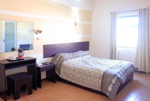 宿务曼达韦大都市花园酒店的一间卧室配有一张床、一张桌子和一面镜子