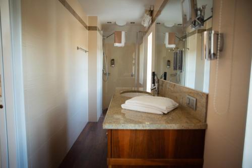 Ardagger StiftLandgasthof Winter的一间带水槽和镜子的浴室