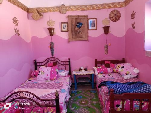 阿斯旺Arafa Nubian Guest house的配有粉红色墙壁的客房内的两张床