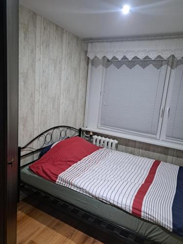 斯武普斯克Apartament 3 pokoje的一间卧室配有一张带红白毯子的床