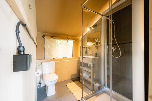 索尔陶Glampingzelt Family - Lodge的一间带卫生间和玻璃淋浴间的浴室