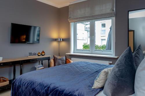 韦斯特兰Steuerbord的一间卧室设有蓝色的床和窗户。