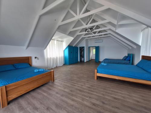 博卡斯德尔托罗Paunch Beach Retreat的大房间设有两张床和蓝色的床单