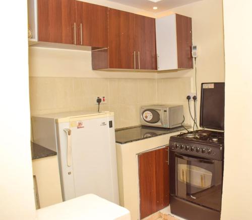 ThikaFully furnished One bedroom bnb in Thika Town.的小厨房配有冰箱和微波炉。