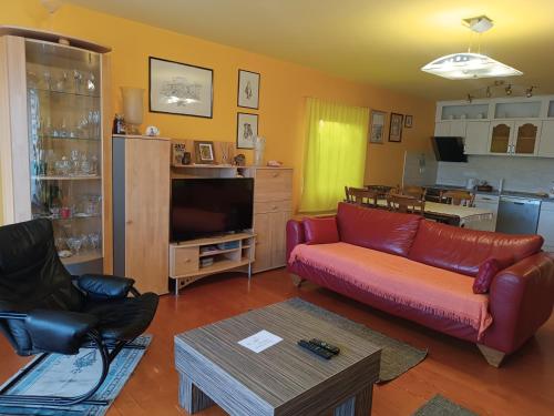 LazarevacPark的客厅配有红色沙发和电视