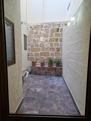 Għajn il-KbiraSir Patrick's rooms & hostel的带有石墙和盆栽的走廊