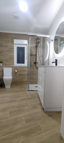 奥伦塞CASA MIRANDA的带淋浴、卫生间和盥洗盆的浴室