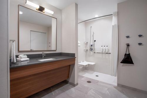 普兰菲尔德Fairfield by Marriott Inn & Suites Indianapolis Plainfield的浴室配有盥洗盆和带镜子的淋浴