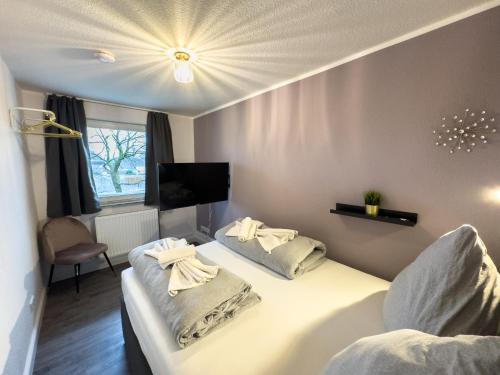 汉诺威Messewohnung für 4 Gäste mit kostenlosem Parkplatz的一间酒店客房,设有两张床和电视