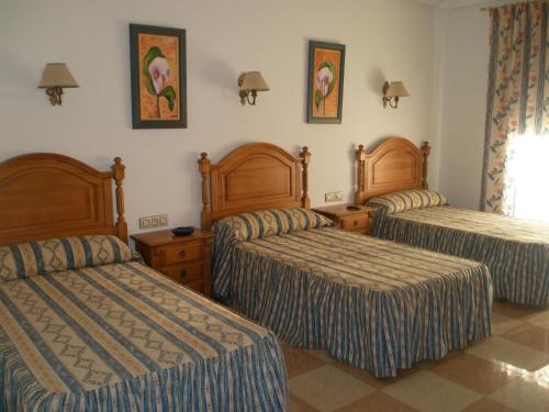阿尔卡拉斯Hostal Los Rosales的一间酒店客房,房间内设有三张床