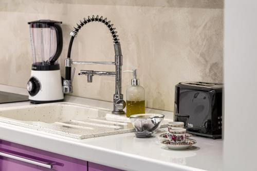 阿拉德Sika Luxury Apartment的厨房柜台设有水槽和搅拌机