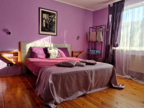 切尔尼戈夫ARTAPARTMENTS-center的一间卧室设有紫色的墙壁和一张大床