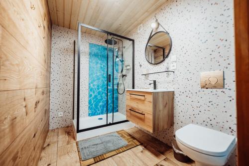 鲁穆尼卡Karkonoski Glamping的带淋浴、卫生间和盥洗盆的浴室