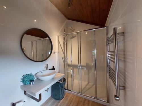 巴伦西亚Casa de Gandra的浴室配有盥洗盆和带镜子的淋浴