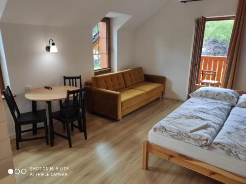 斯克拉斯卡波伦巴Szklarska Chata的一间卧室配有一张床、一张桌子和一张沙发
