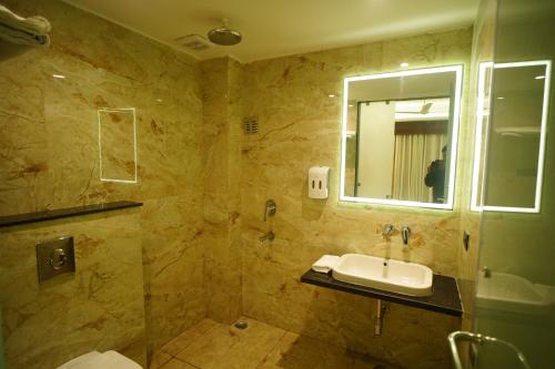 瓜廖尔HOTEL PRAHLAD INN的一间带水槽和镜子的浴室