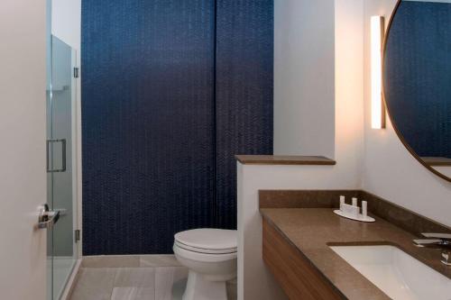 奥兰多Fairfield by Marriott Inn & Suites Orlando at Millenia的一间带卫生间、水槽和镜子的浴室