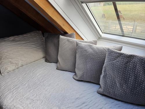 格雷夫森德Alpaca House - Sleeps 17 - DIY Hot Tub的靠窗的一张带四个枕头的床