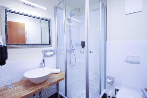 路德斯塔德·威特比Boutique Hotel Schwarzer Baer的白色的浴室设有水槽和淋浴。