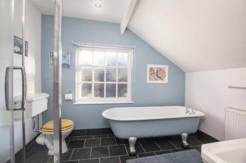 约克Minster House - Group Hot Tub的带浴缸、卫生间和窗户的浴室