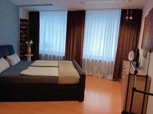 科布伦茨Ferienwohnung mit Whrpool的一间卧室设有一张床和一个大窗户