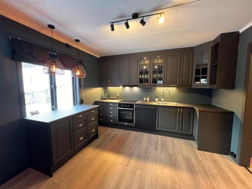 RjukanRjukan Sentrum Apartments NO 1的厨房配有黑色橱柜和木地板