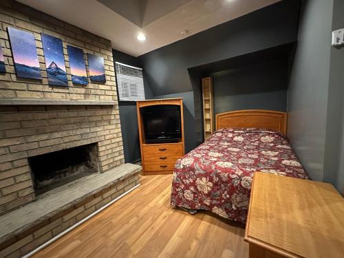 多伦多Nox Hostel的一间卧室配有一张床、一个壁炉和一台电视。