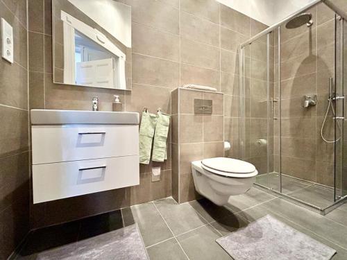 布达佩斯Gellert Danube Panorama Apartment的浴室配有卫生间、淋浴和盥洗盆。
