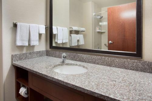 芒特弗农芒特弗农德鲁里套房酒店的浴室配有盥洗盆、镜子和毛巾